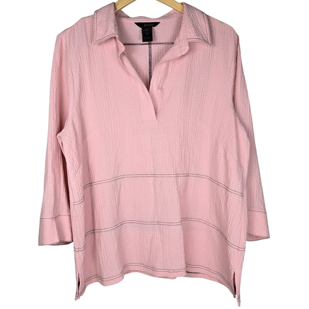 Ali Miles Womens Large Pink Textured 3/4 Sleeve Pullover Tunic Top Stitching